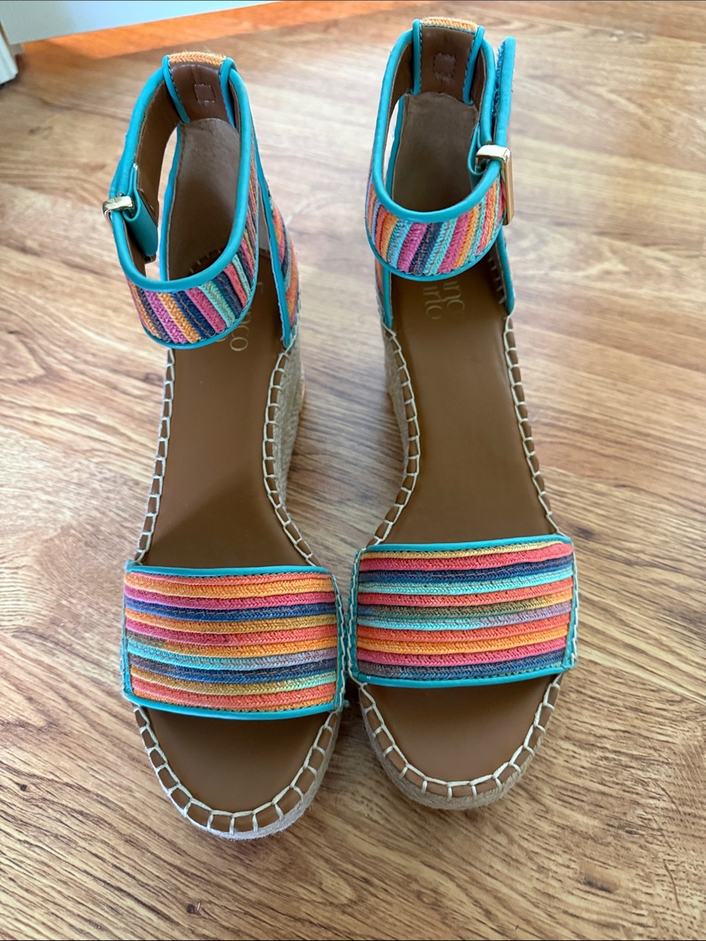Colorful Striped Ankle-Strap Wedge Sandals - Turquoise Multi